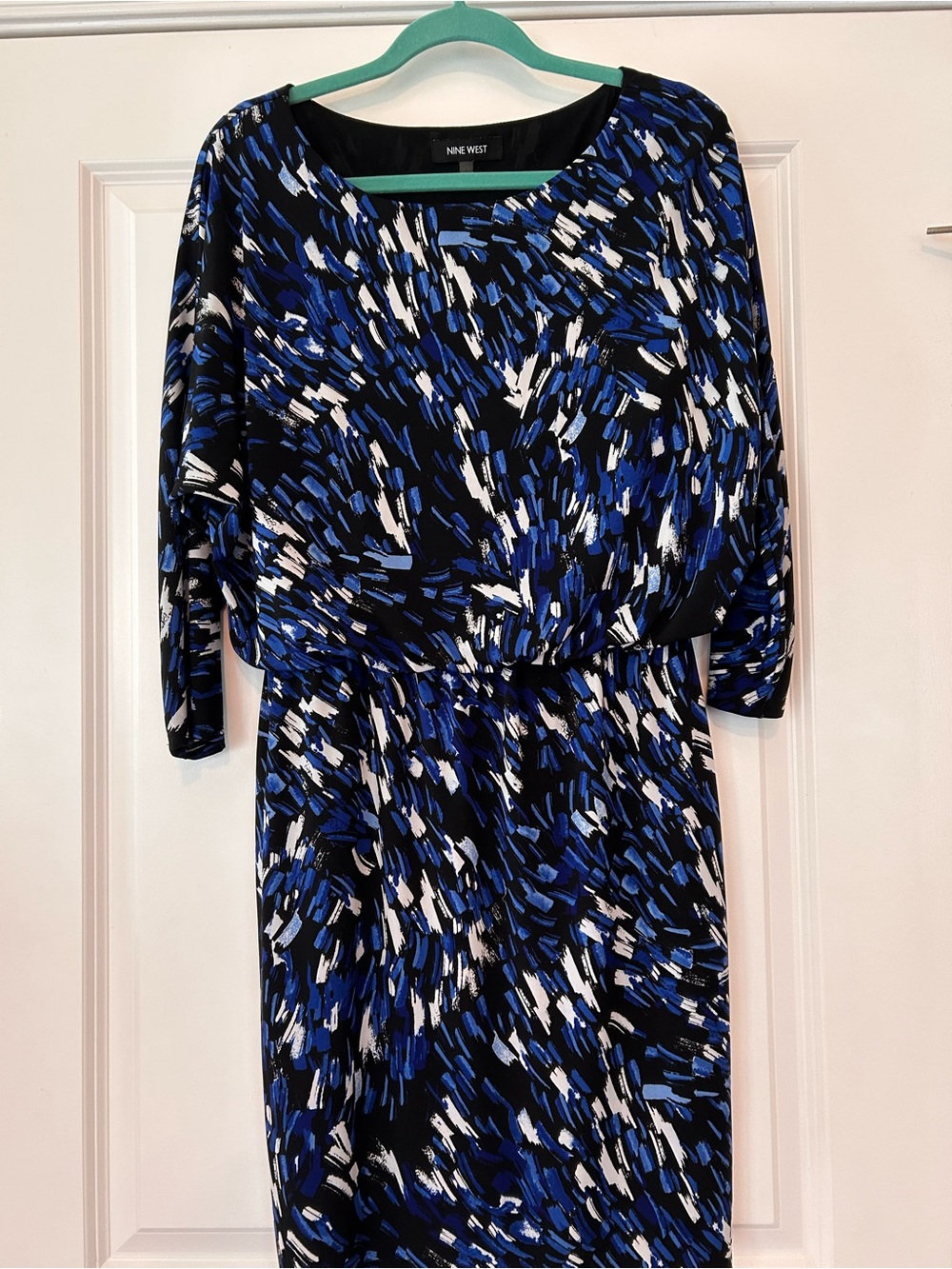 Nine West Black, Blue & White Abstract Print Long Sleeve Dress